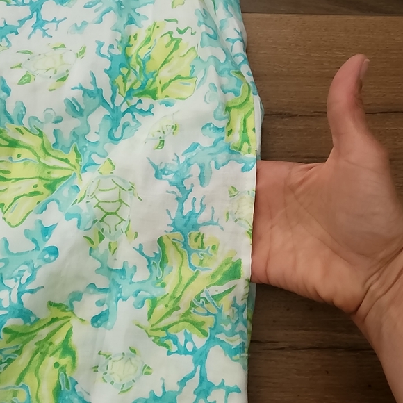 J Jill Love Linen Aqua Green Shift V Neck Dress L Petite Sea Turtle Coral Print - Picture 4 of 8